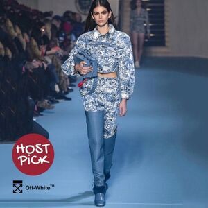 Off-White Virgil Abloh Crop Tapestry Denim Jacket Blue White Horses Size Small